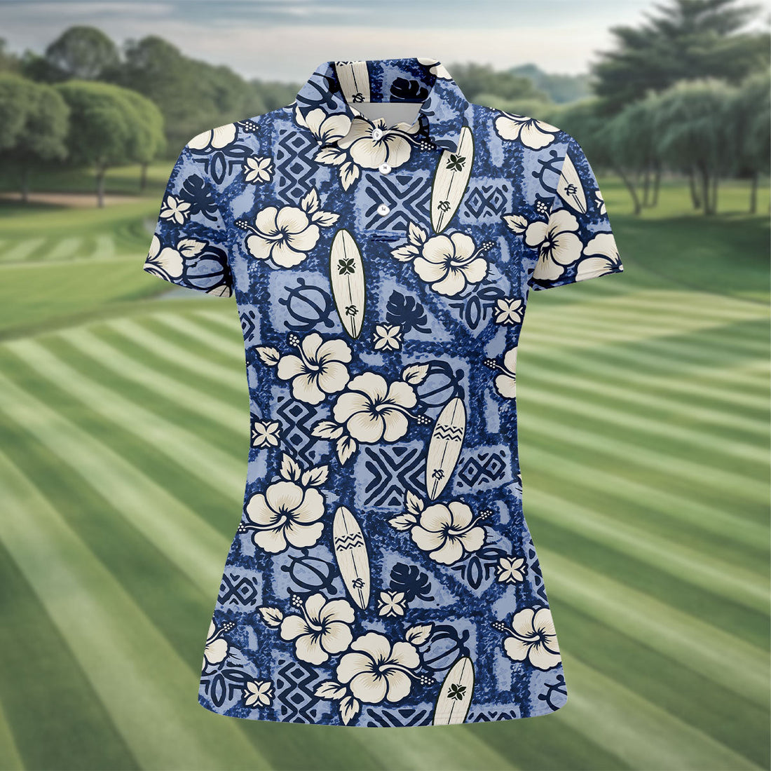 Blue Hawaiian Surfboard Hibiscus Golf Shirt, Women's Golf Shirt, Hawaiian Golf Shirt, Golf Polo For Women