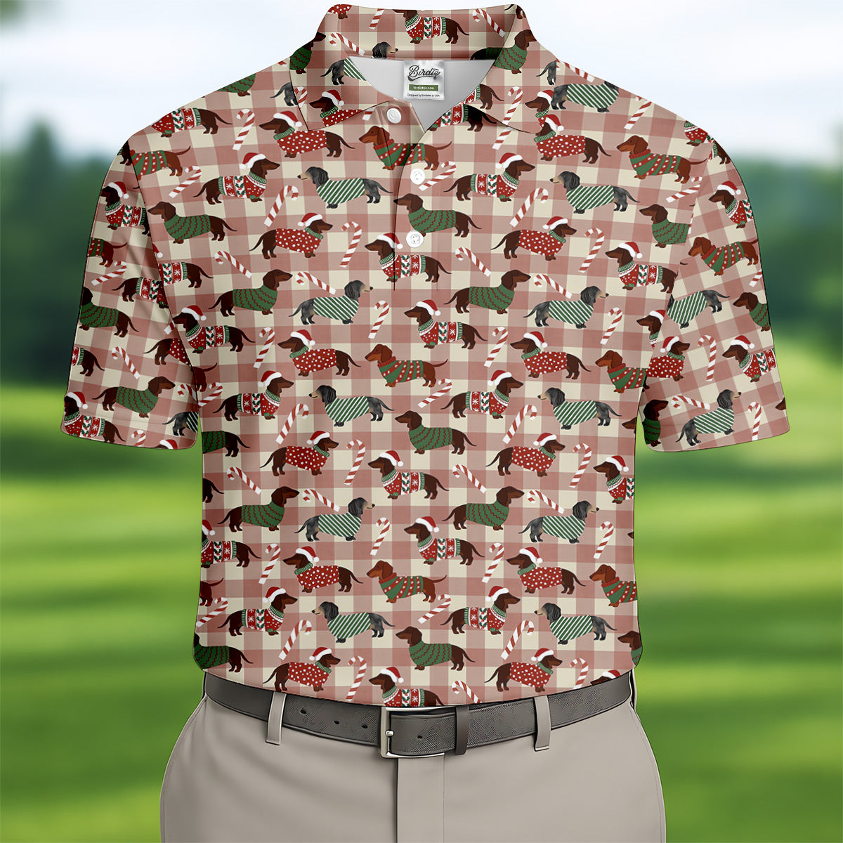 Christmas Dachshund Pink Checkered Golf Tops For Men, Christmas Golf Shirt, Polo Shirtor Men