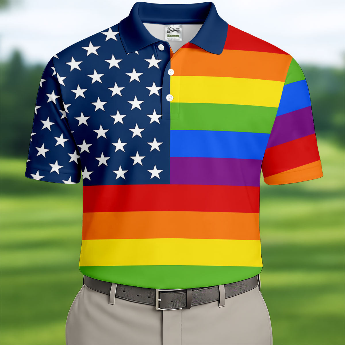 Gay Pride American Flag Golf Tops For Men, Pride Month Golf Shirts For Men