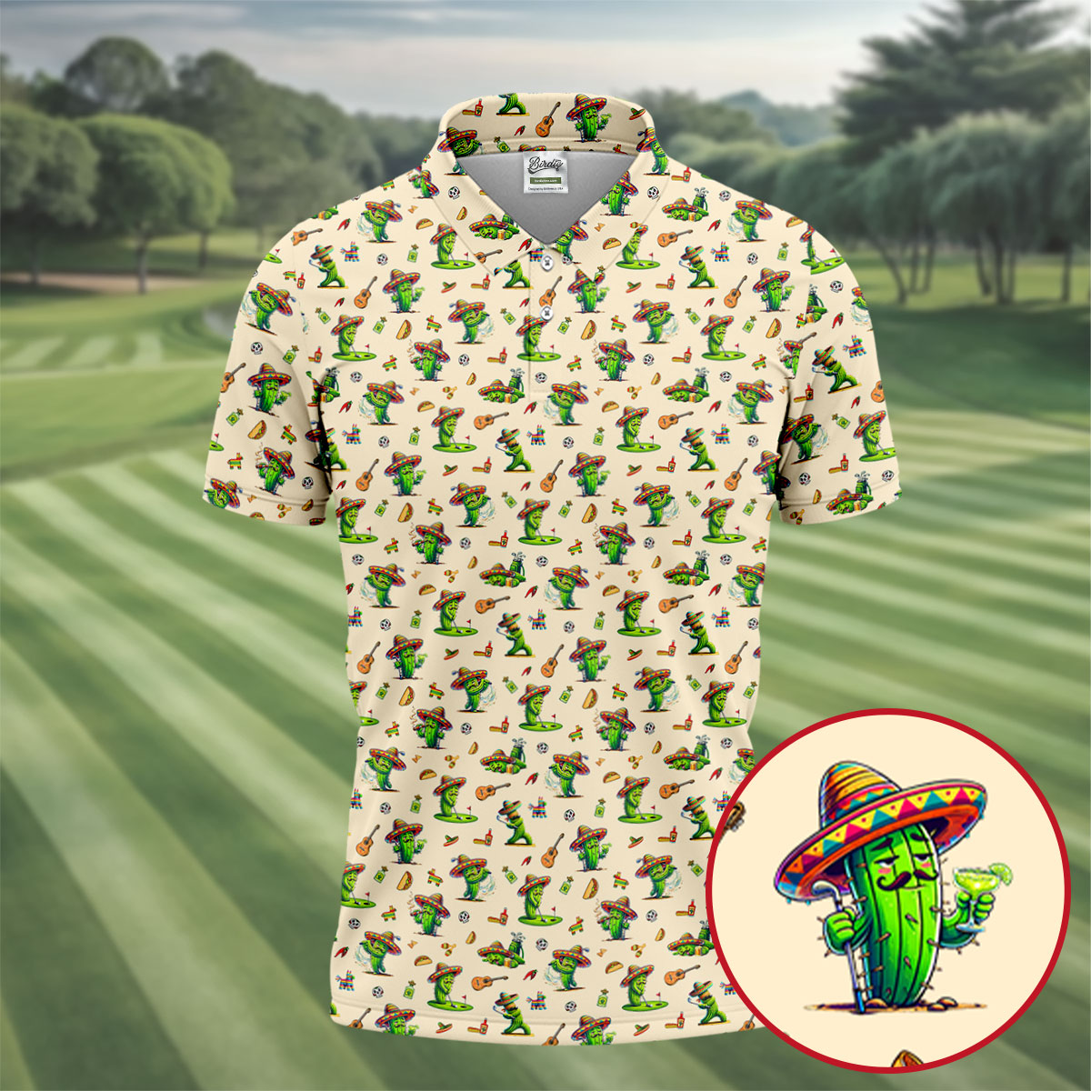 Cartoon Mustach Funny Cactus Cinco De Mayo Celebration Fiesta Themed Beige Golf Shirts For Men