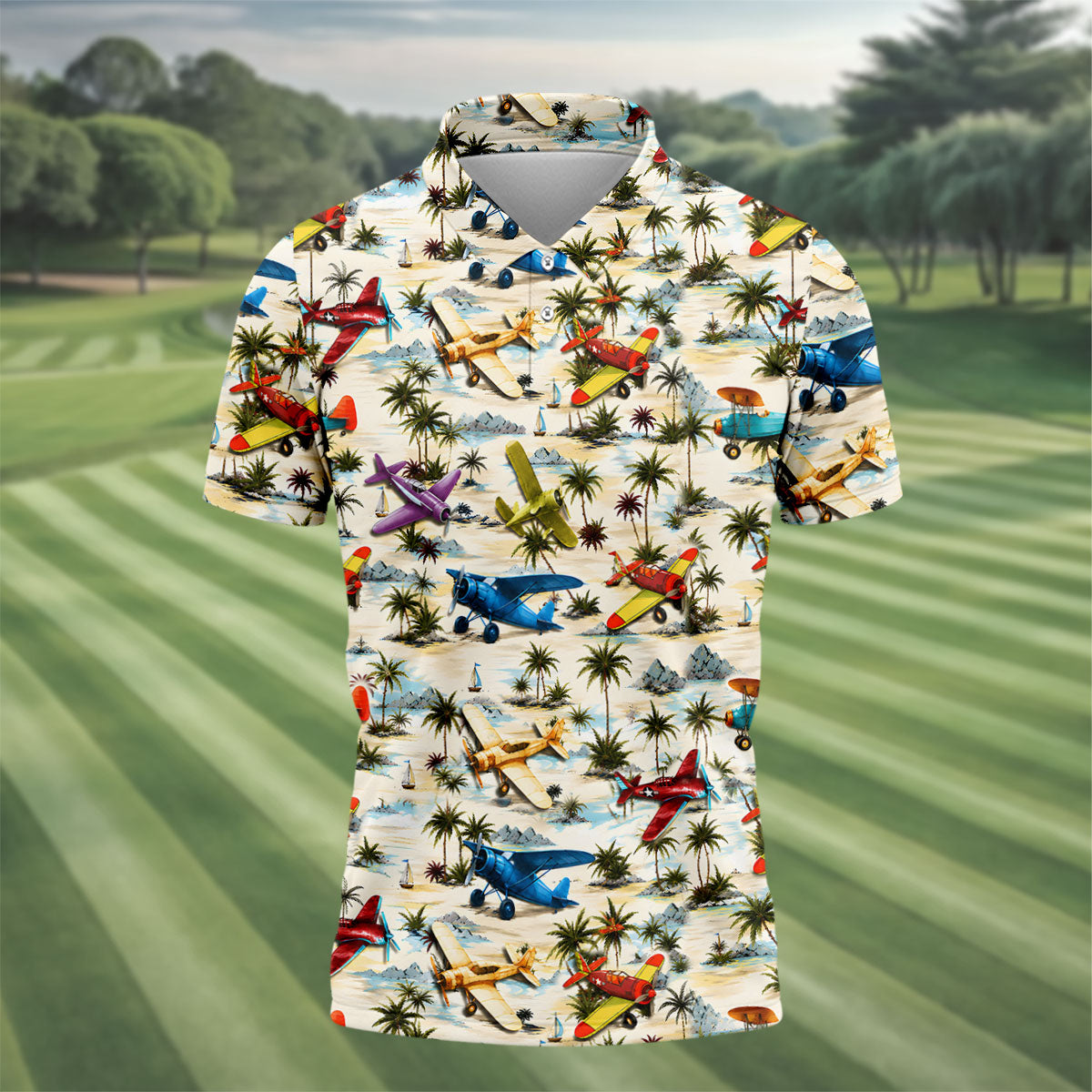 Vintage Airplane Hawaiian Golf Shirt, Tropical Aircraft Pattern, Polo Shirts For Men