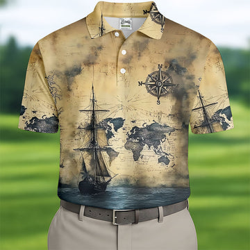 Vintage Ship Map Compass Ocean Golf Shirt, Hawaiian Golf Shirt, Mens Golf Shirts