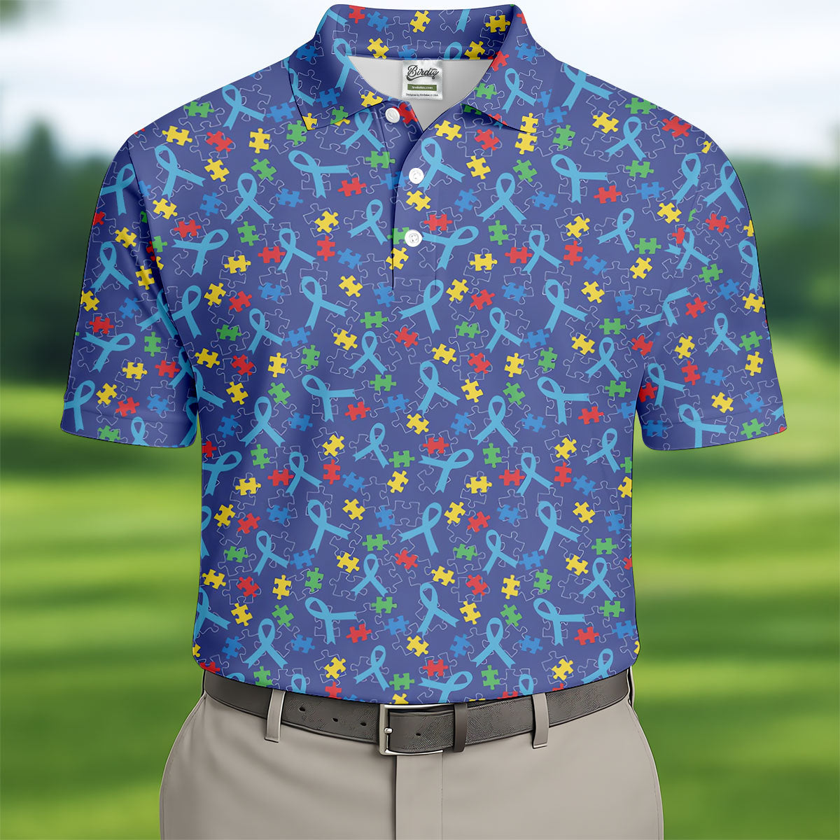 Autism Puzzle Ribbon Pattern Golf Tops For Men, Autism Awareness Color Polo ShirtFor Men, Golf Shirts For Men