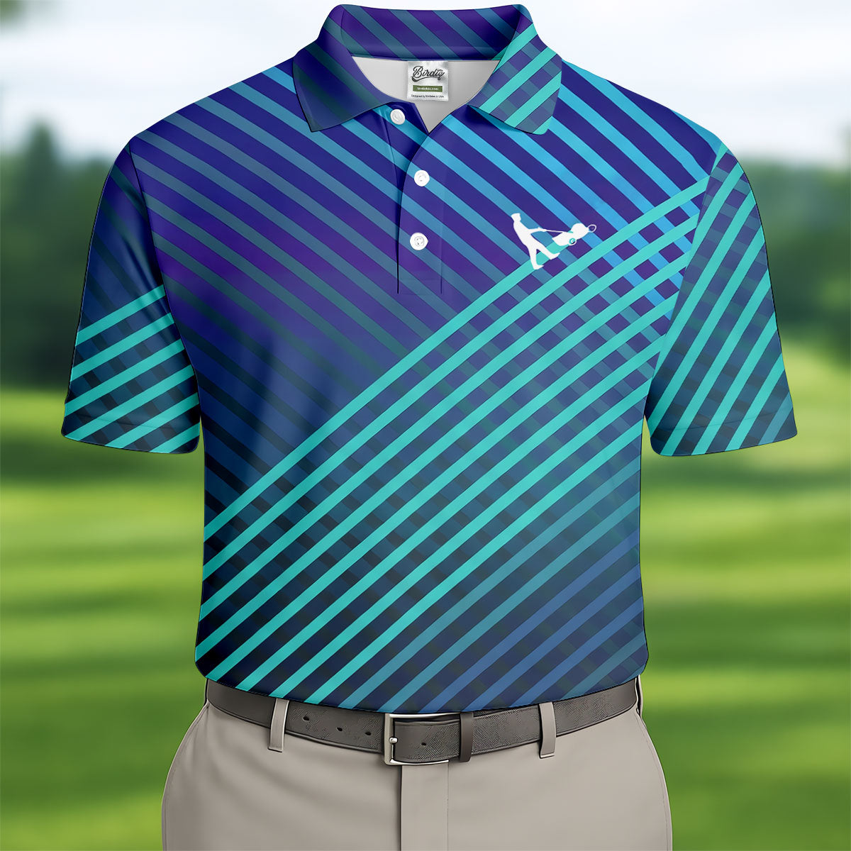 Teal And Purple Striped Pattern Golf Tops For Men, Performance Golf Shirt, Polo Shirt Men