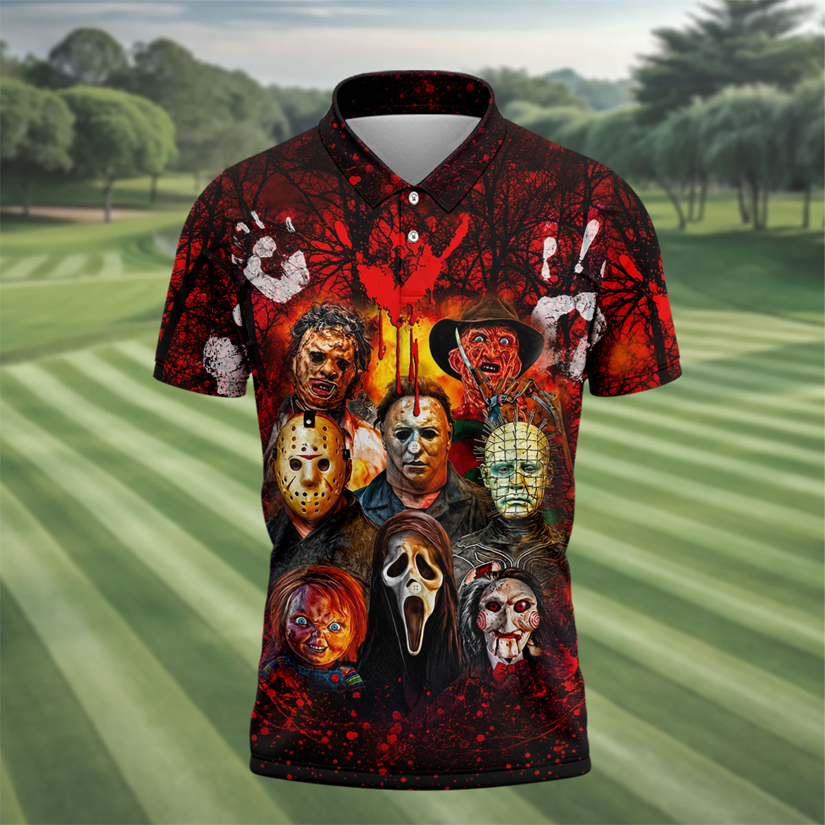 Halloween Horror Character Hawaiian Golf Shirt, Men's Golf Shirt, Golf Shirts For Men