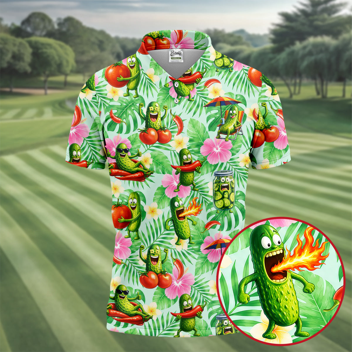 Funny Pickle Tomato Chili Tropical Hawaiian Golf Shirt, Mens Golf Polo, Printed Golf Shirts