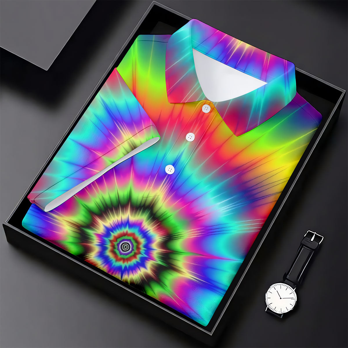 Rainbow Tie Dye Golf Shirt, Psychedelic Spiral Burst Pattern, Golf Shirt For Women