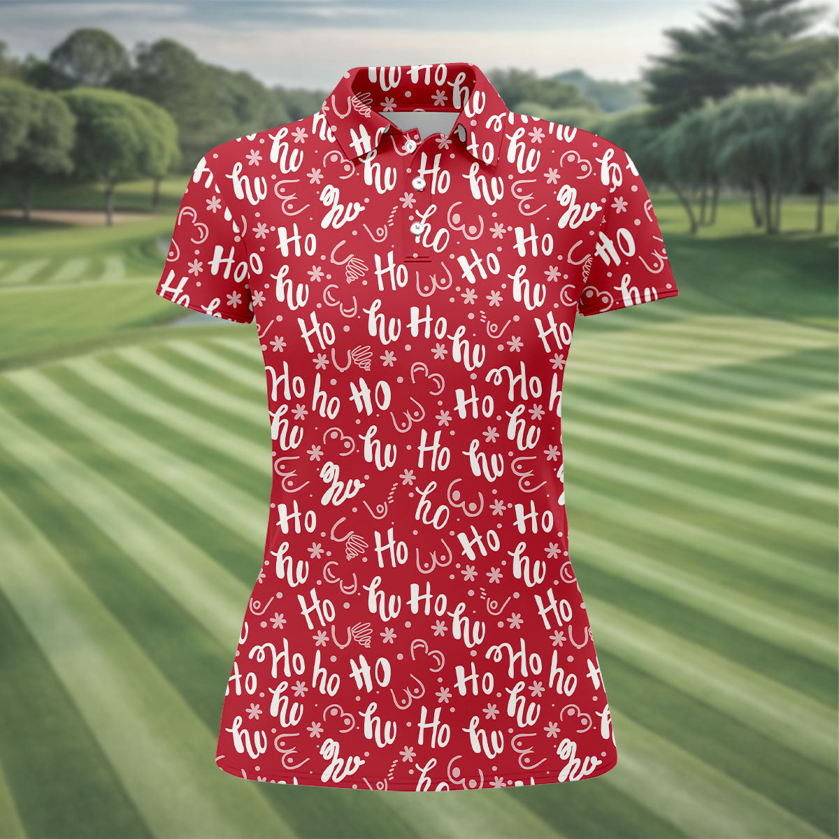 Funny Red Xmas Fun Womens Golf Shirts, Ladies Golf Tops, Christmas Golf Gift, Women's Polo Shirt