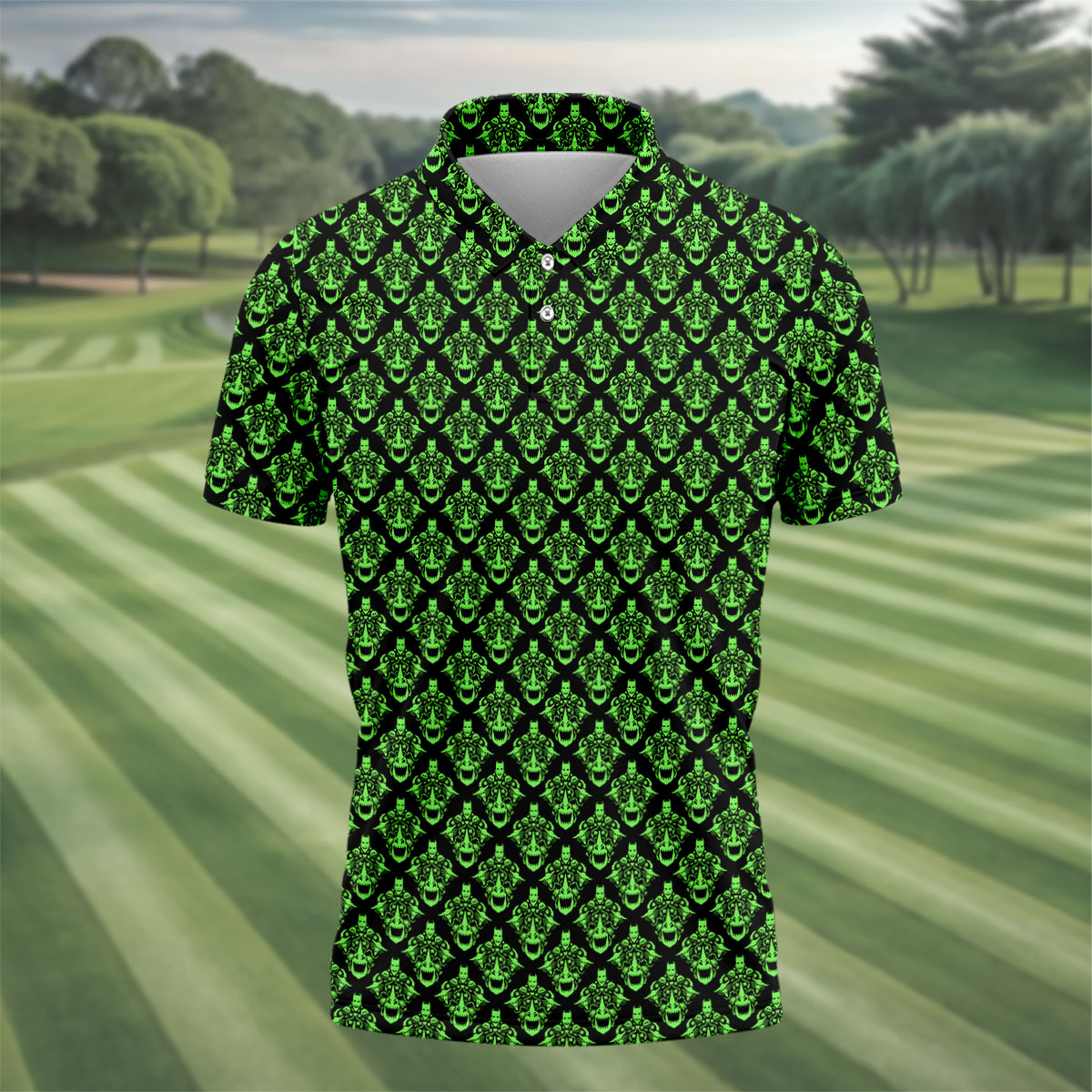 Neon Green Horror Character Pattern Golf Shirt, Mens Golf Polo, Halloween Golf Shirt