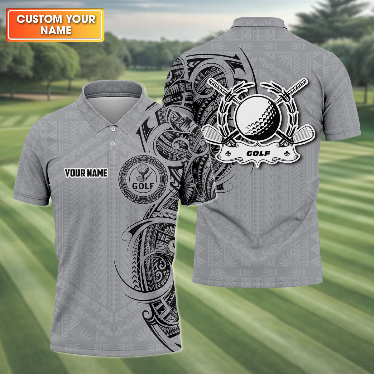 Strike Grey Tribal Tattoo Custom Men's Golf Polo ShirtFunny Golf Shirt, Dad Golf Gift