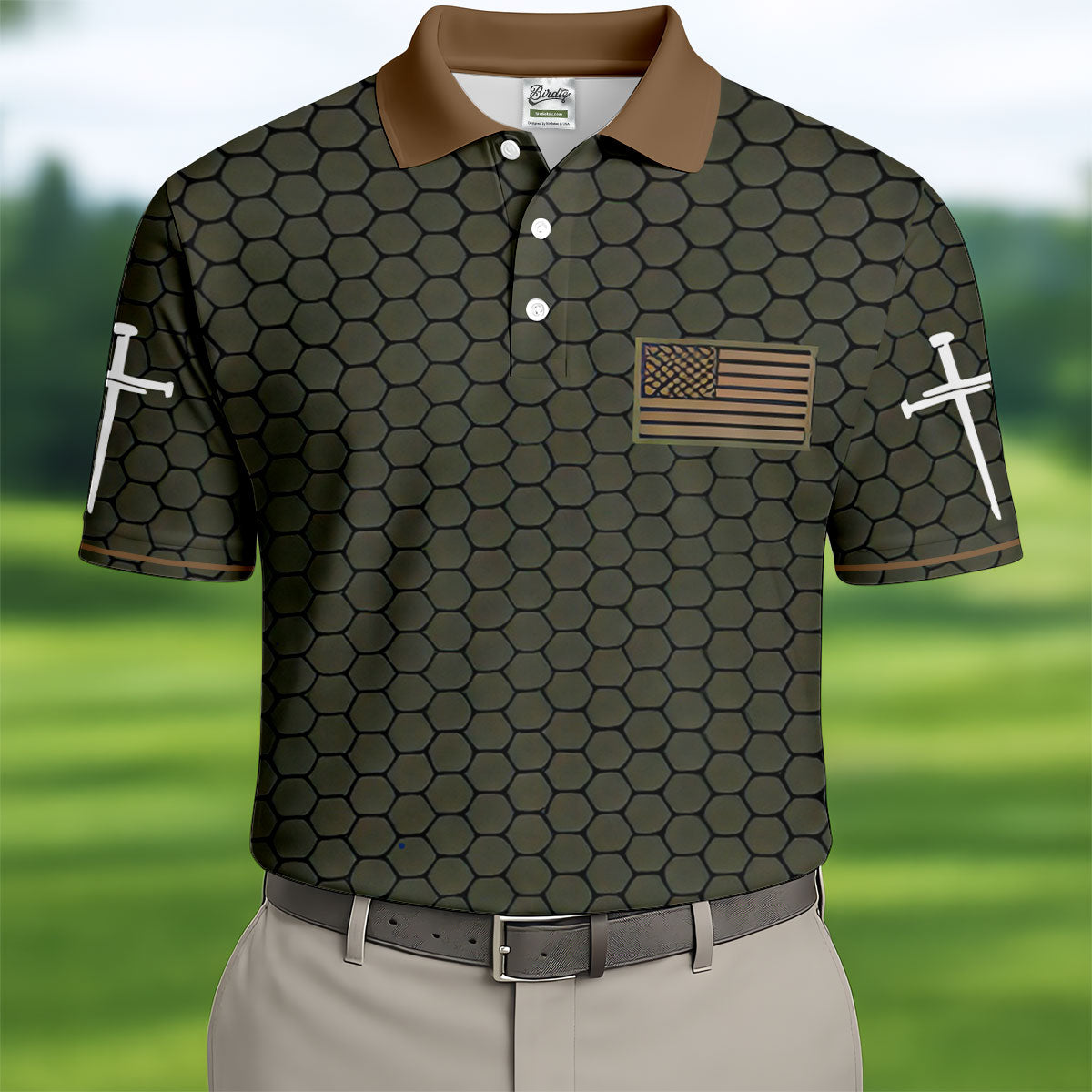 Faith Cross America 250 Anniversary Hexagonal Pattern Patriotic Golf Shirt, Golf Shirts For Men