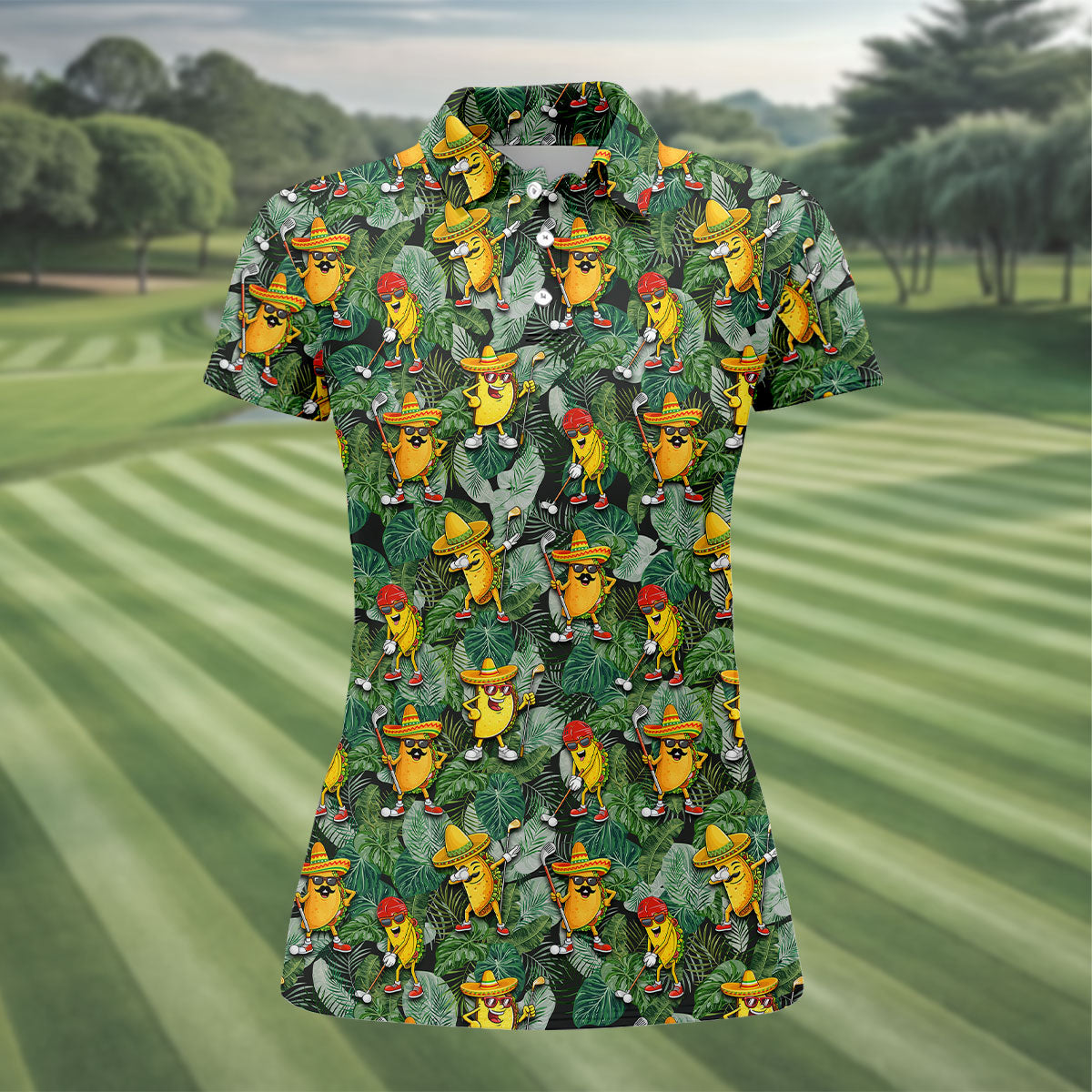 Funny Taco Golf Pose Tropical Golf Shirt, Fun Women's Golf Shirts, Ladies Golf Shirts, Golfing Apparel