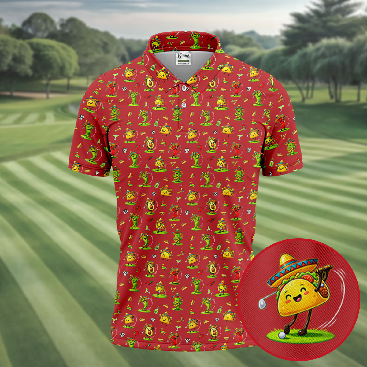 Mexican Cartoon Food Characters Cinco De Mayo Celebration Fiesta Themed Red Golf Shirts For Men