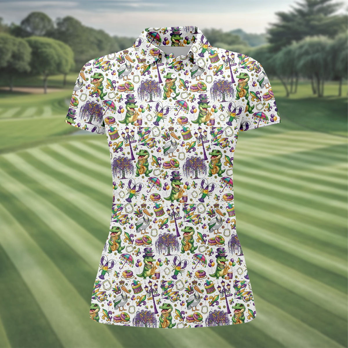 Mardi Gras Fleur De Lis Animal Band White Golf Shirt, Women's Golf Shirts, Ladies Golf Polos