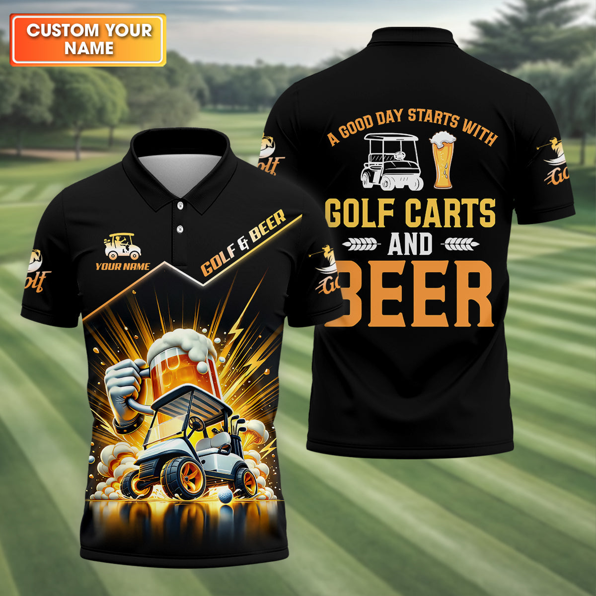 A Good Day Starts With Golf Carts And Beer Custom Funny Golf Polo Shirtad Golf Gifts