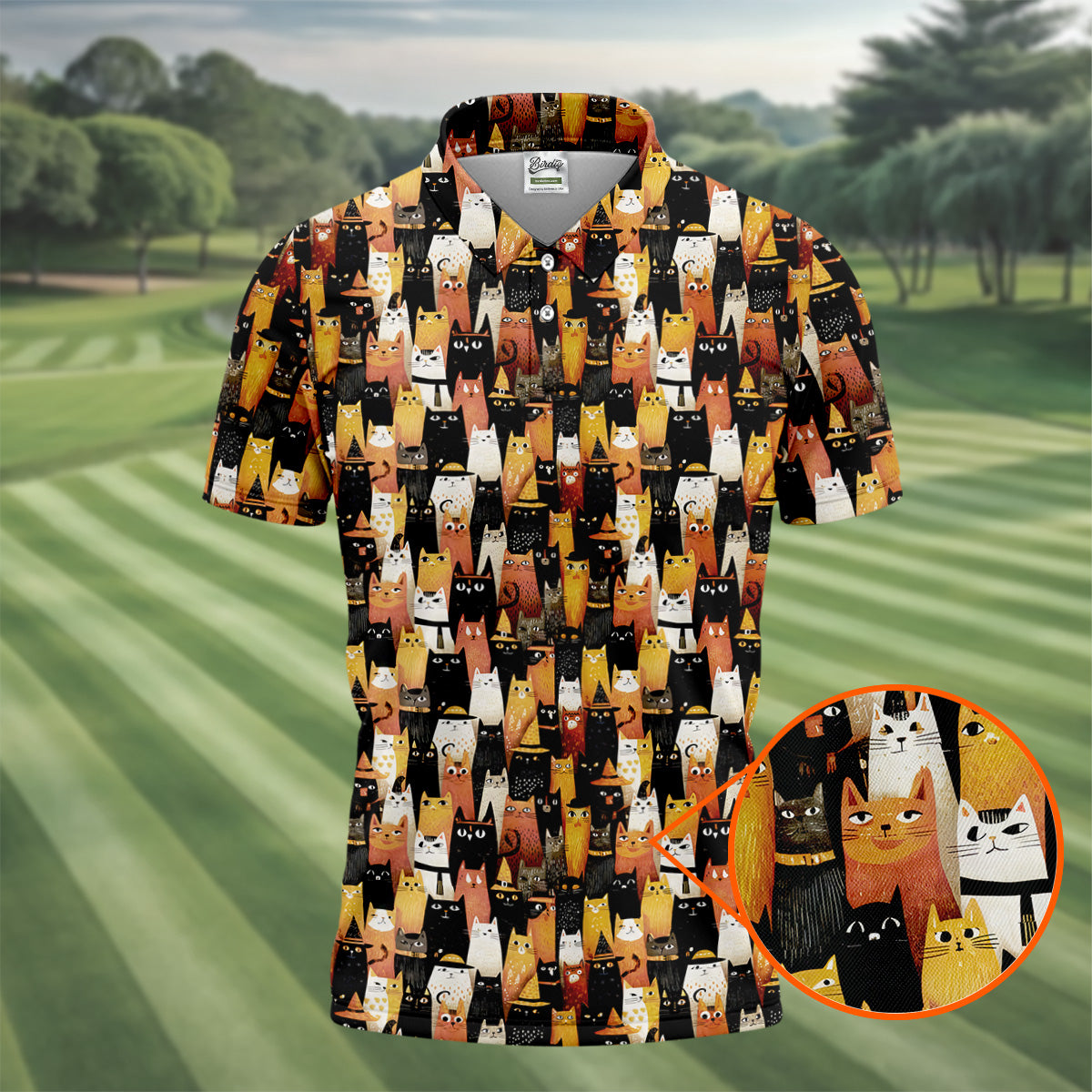 Orange Black Halloween Cat Fun Golf Shirts For Men, Cute Golf Outfit, Polo ShirtFor Men