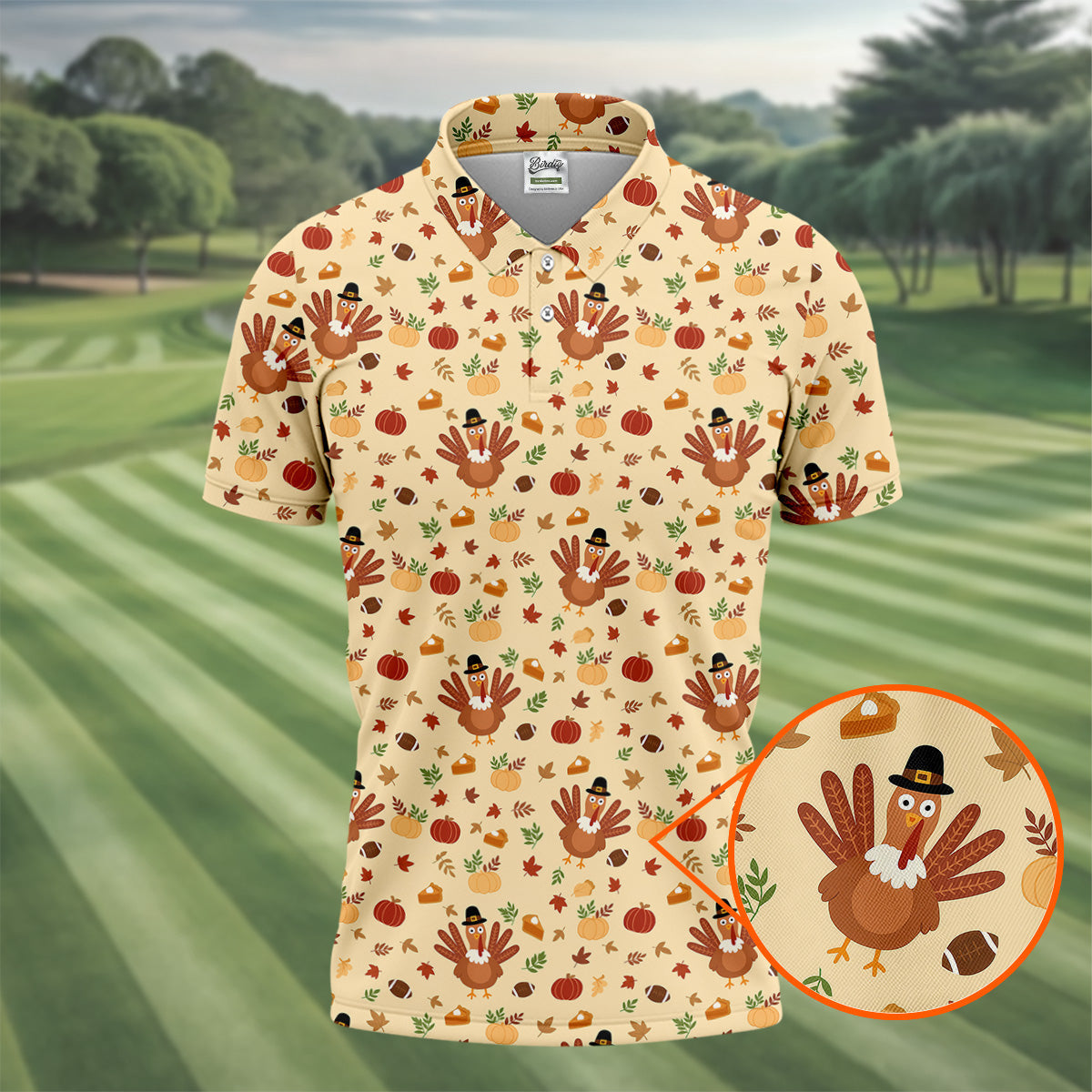 Turkey Pumpkin Thanksgiving Golf Tops For Men, Yellow Golf Shirt, Fun Golf Shirts For Men, Polo For Men