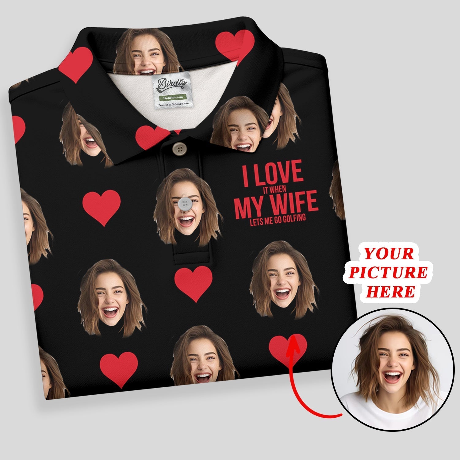 I Love My Wife Custom Photo Black Golf Shirt, Valentines Golf Gift, Fun Golf Shirts For Men, Golf Gift For Men