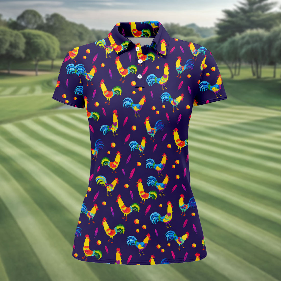Retro Rooster Golf Shirt, Colorful Country Pattern Polo, Polo Shirts For Women