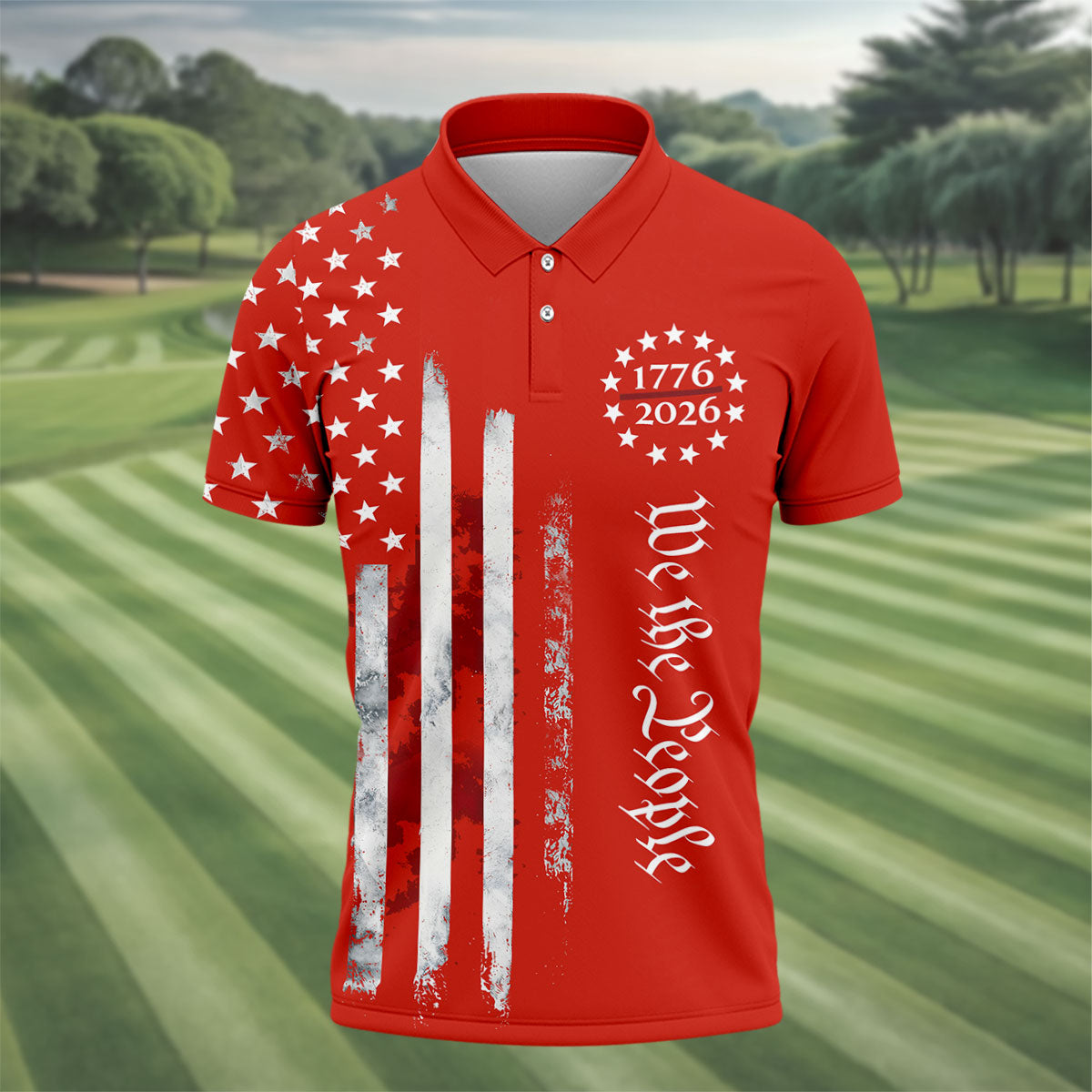 We The People Distressed Flag Patriotic Red Golf Shirt, 250 Years 4th Of July Golf Shirts For Men