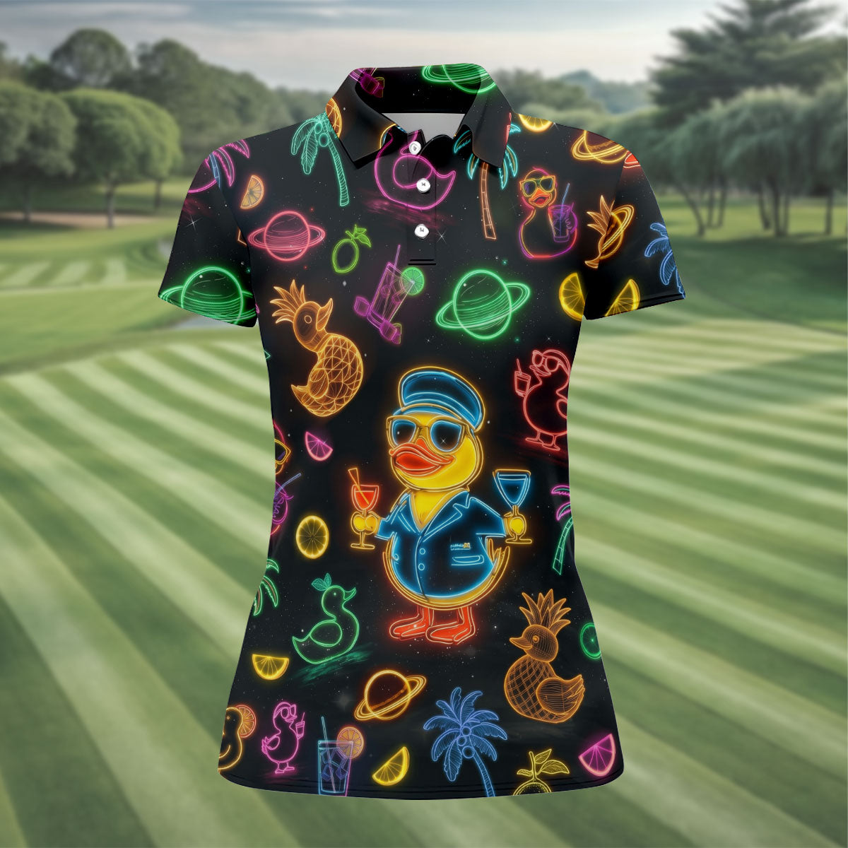 Jet Black Neon Duck Tropical Pattern Golf Shirt, Women's Golf Shirt, Hawaiian Golf Shirt, Golf Polo For Women