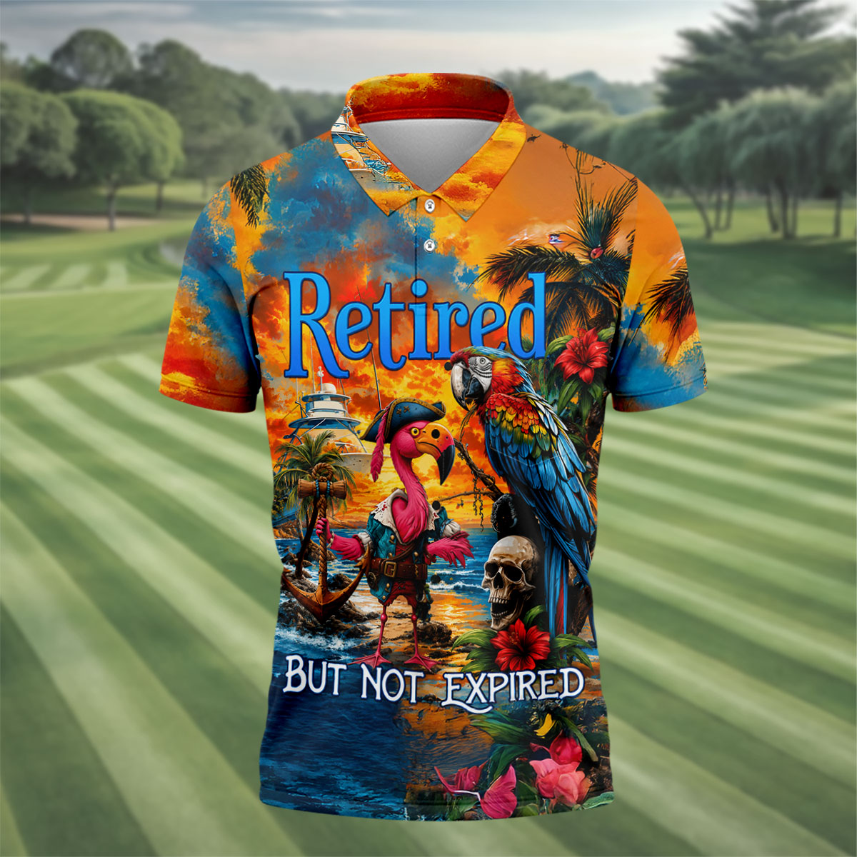 Retired Parrot Flamingo Pirate Tropical Golf Shirt, Mens Golf Polo, Hawaiian Golf Shirt, Golf Apparel For Men
