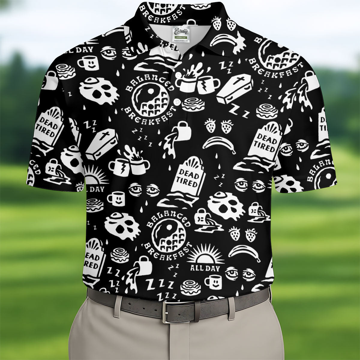 Dead Tired Coffee Breakfast Pattern Golf Shirt, Men's Golf Shirt, Golf Polo Shirts For Men