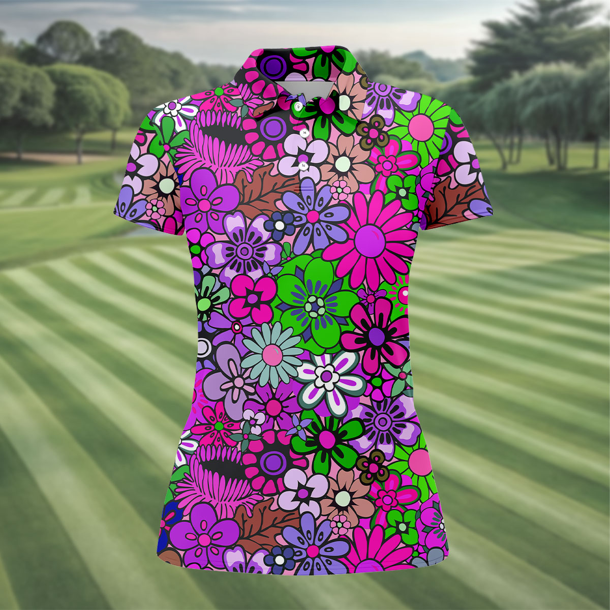 Pink Purple Retro Flower Power Golf Shirt, Women’s Golf Apparel, Hawaiian Golf Shirt, Golf Polo For Women