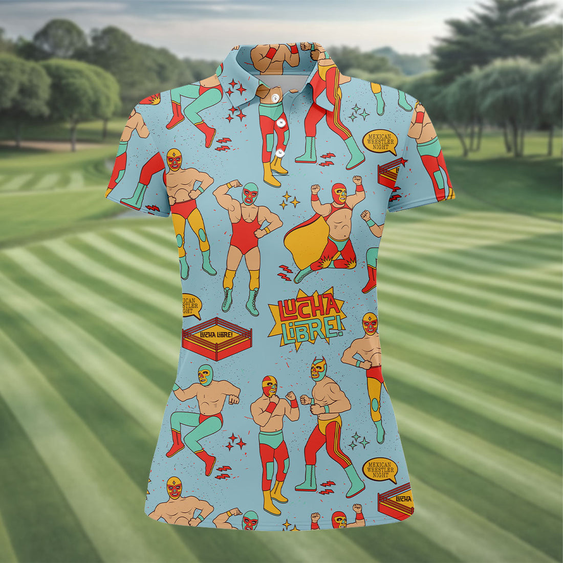 Blue Lucha Libre Mexican Wrestler Pattern Golf Shirt, Golf Tops For Women, Women’s Golf Apparel