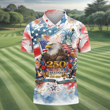 Land Of The Free Red White Blue Water Color Print 4th Of July Golf Shirt, 250 Years Golf Shirts For Men