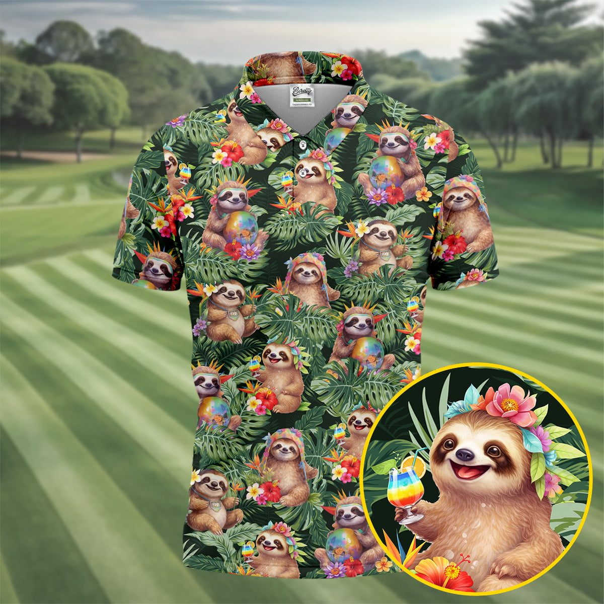 Funny Sloth Hawaiian Summer Golf Tops For Men, Hawaiian Golf Shirts, Polo Shirtor Men