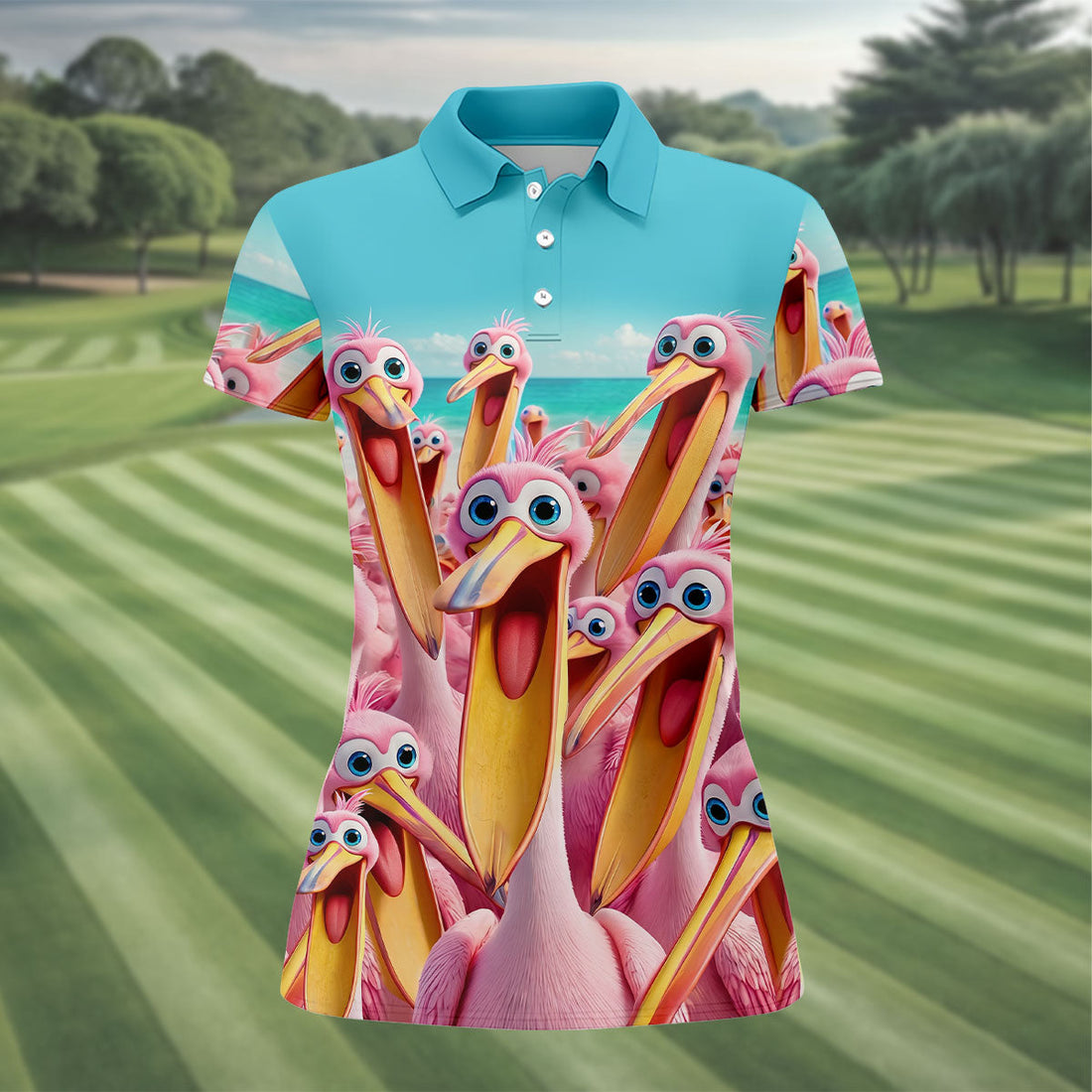 Funny Pink Pelican Beach Crowd Golf Shirt, Women's Golf Shirt, Hawaiian Golf Shirt, Golf Polo For Women