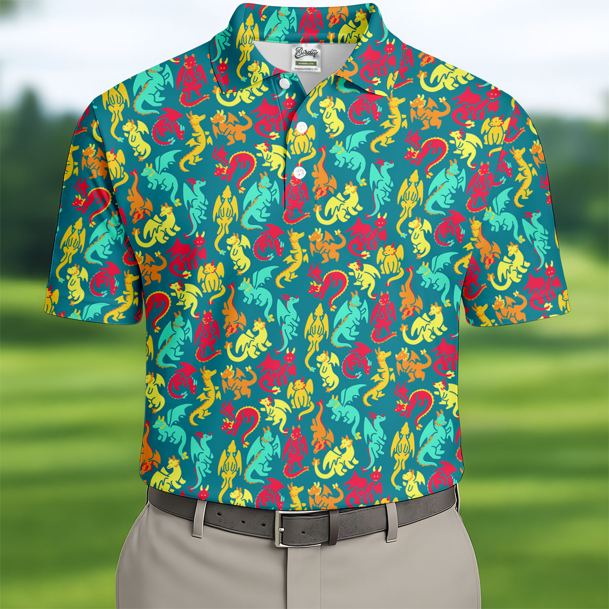 Cartoon Dragons Colorful Golf Shirt, Cute Golf Outfit, Polo Shirt Men, Golf Shirts For Men
