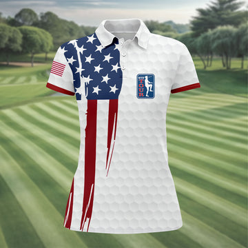 Golf Ball Pattern WTF Tour US Flag 4th Of July Patriotic Golf Shirt, 250th Anniversary Ladies Golf Shirts