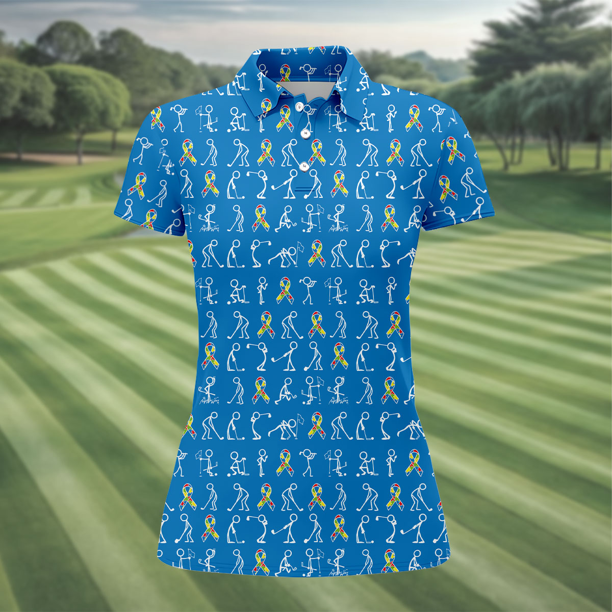 Stick Figure Golf Pose Autism Ribbon Blue Golf Shirt, Autism Awareness Colors Ladies Golf Polos