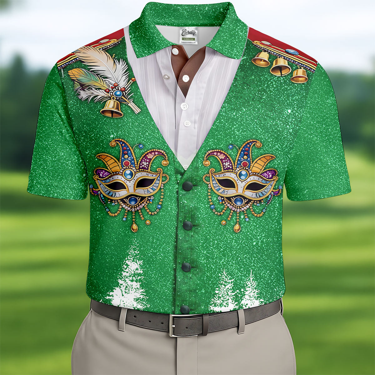 Masquerade Mask Feather Mardi Gras Glitter Print Green Golf Shirt, Polo ShirtFor Men, Golf Shirts For Men