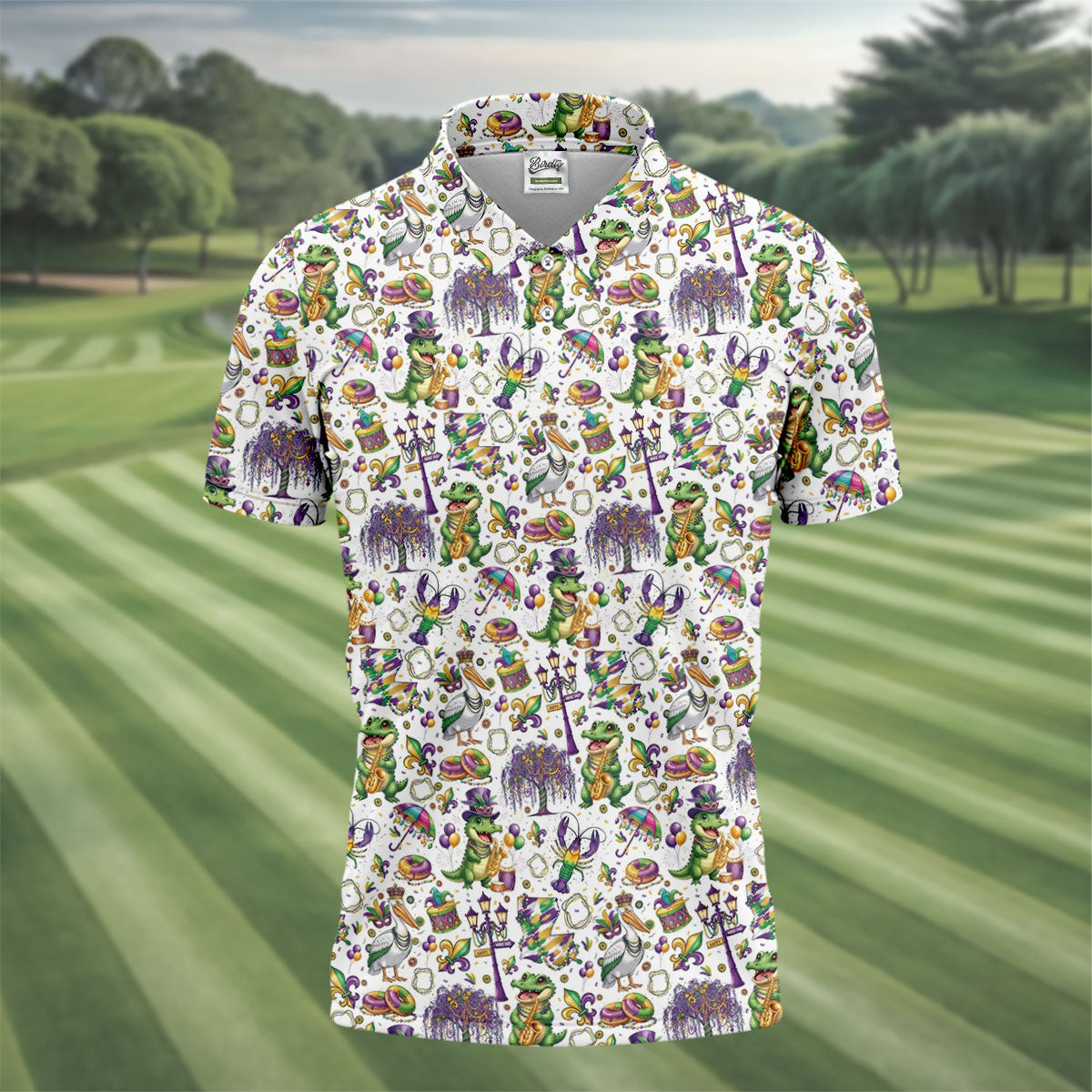 Mardi Gras Fleur De Lis Animal Band White Golf Shirt, Golf Tops For Men, Polo Shirt Men