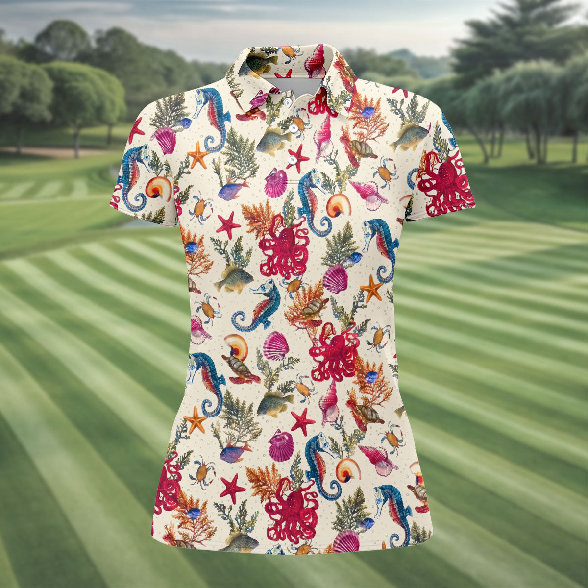Marine Life Coral Reef Pattern Golf Shirt, Women's Golf Shirt, Hawaiian Golf Shirt, Golf Polo For Women