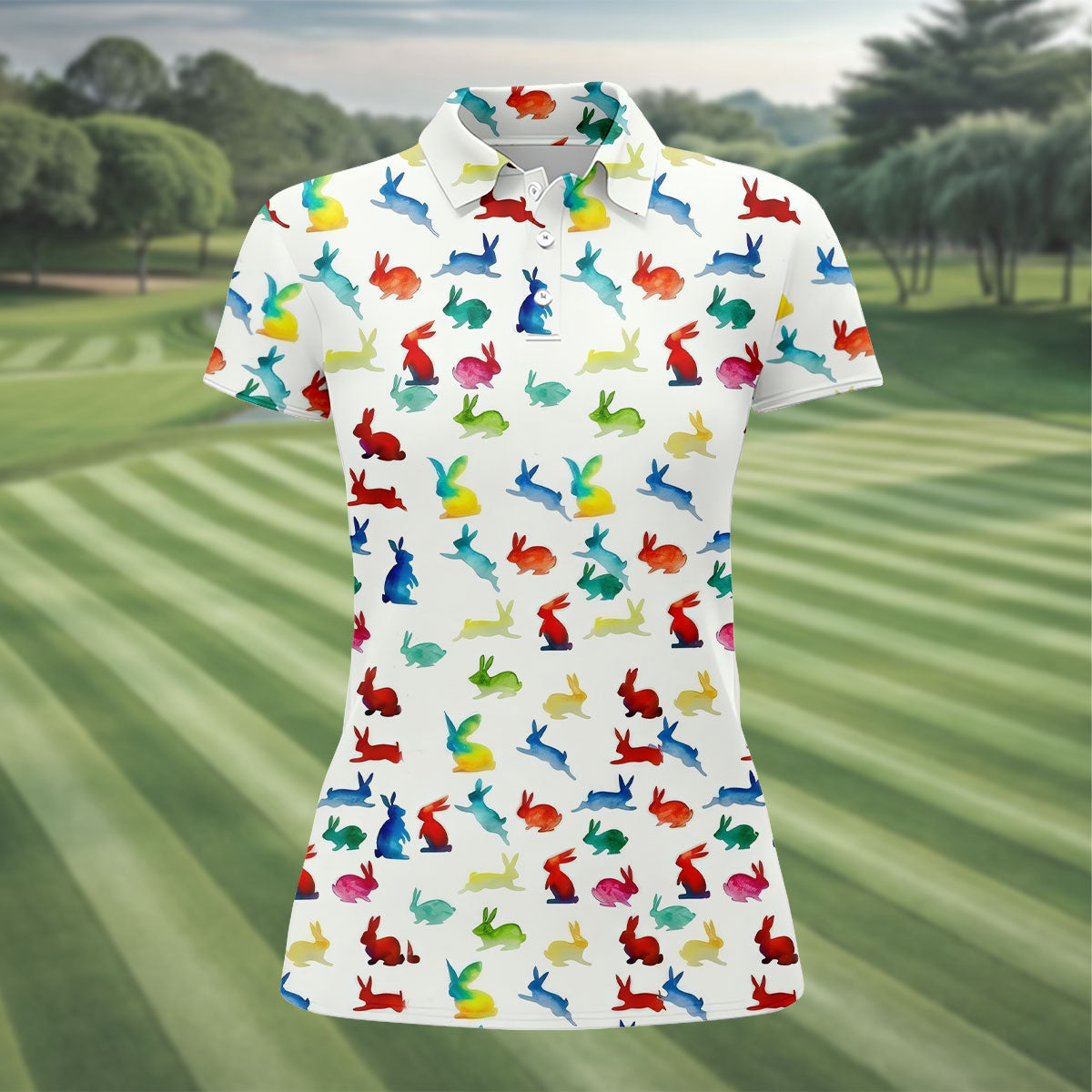 Colorful Bunny Funny Golf Shirt, Easter Bunny Pattern Golf Shirt For Women, Ladies Golf Shirts
