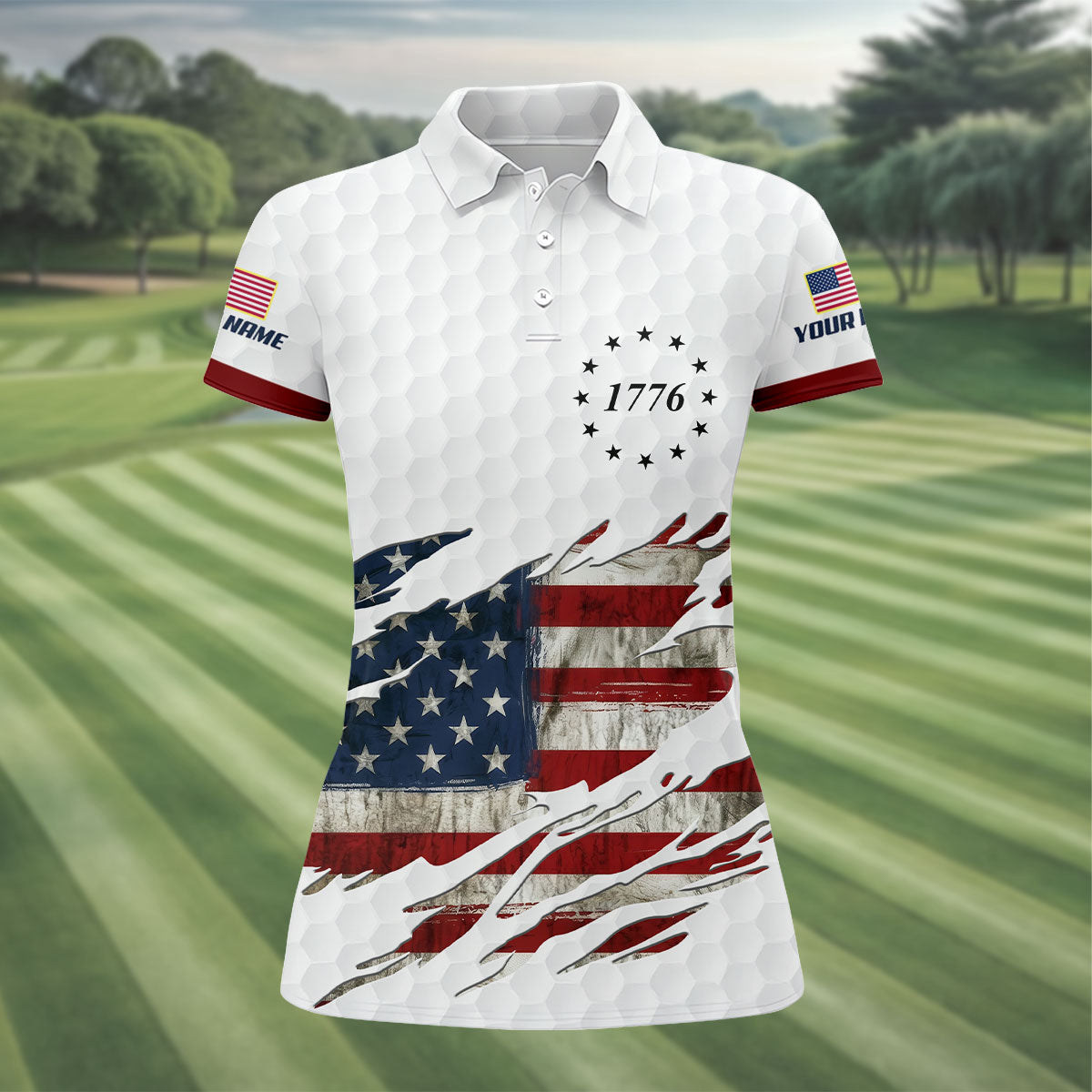 American Flag Cross Golf Ball Pattern Women's Golf Tops, 250th Anniversary Ladies Golf Shirts