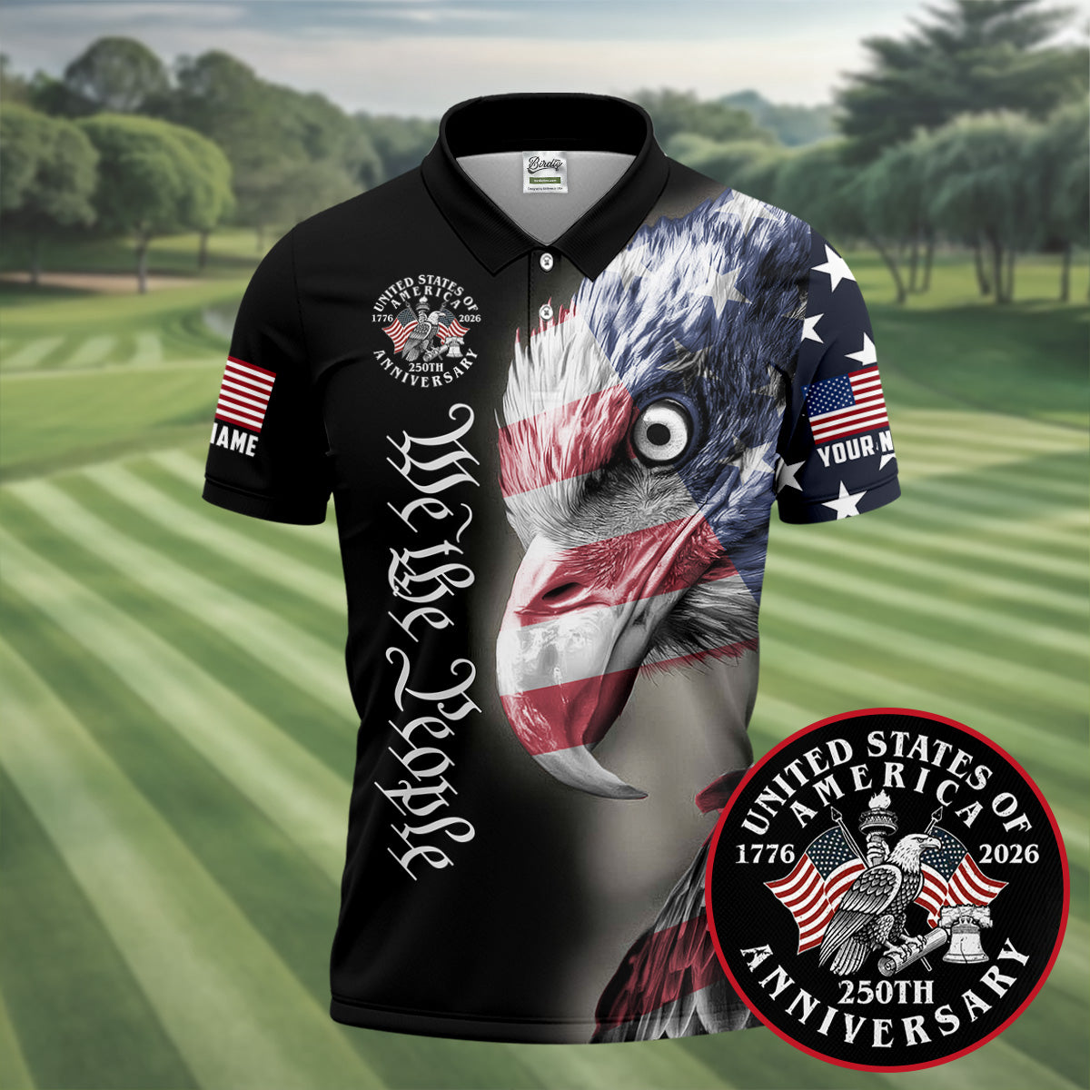 We The People Patriotic Bald Eagle 250 Years American Flag Golf Shirt, 250 Years 4th Of July Golf Shirts For Men
