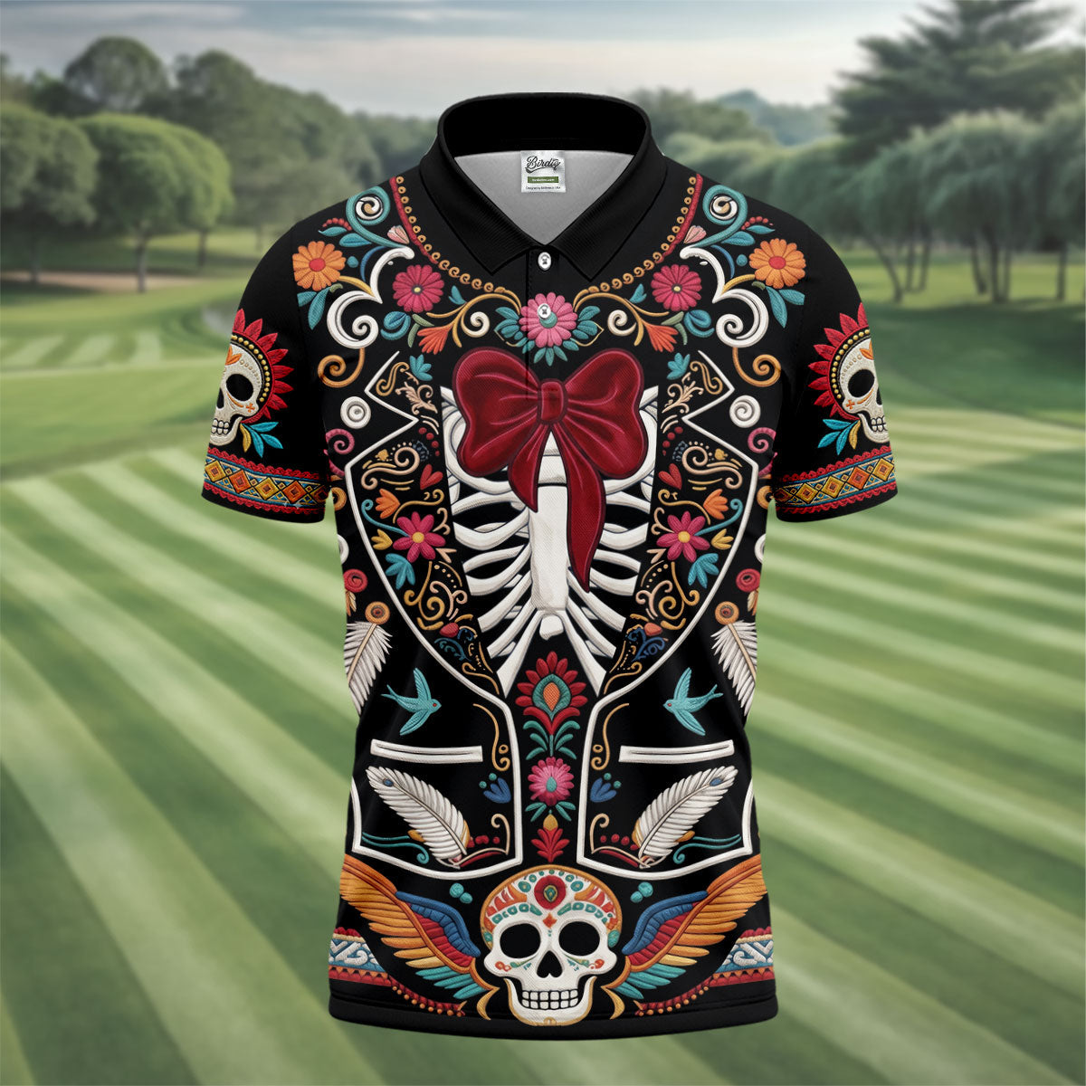 Skeleton With Flower Cinco De Mayo Celebration Golf Tops For Men, Fiesta Theme Golf Shirts For Men