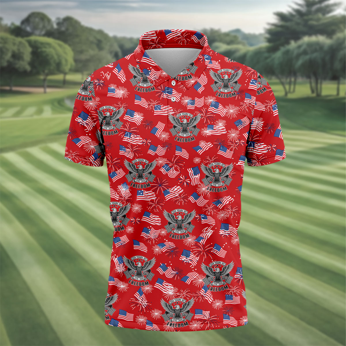 250 Years Of Freedom Festive Flag Vintage Red Golf Shirt, Patriotic 4th Of July Golf Shirts For Men