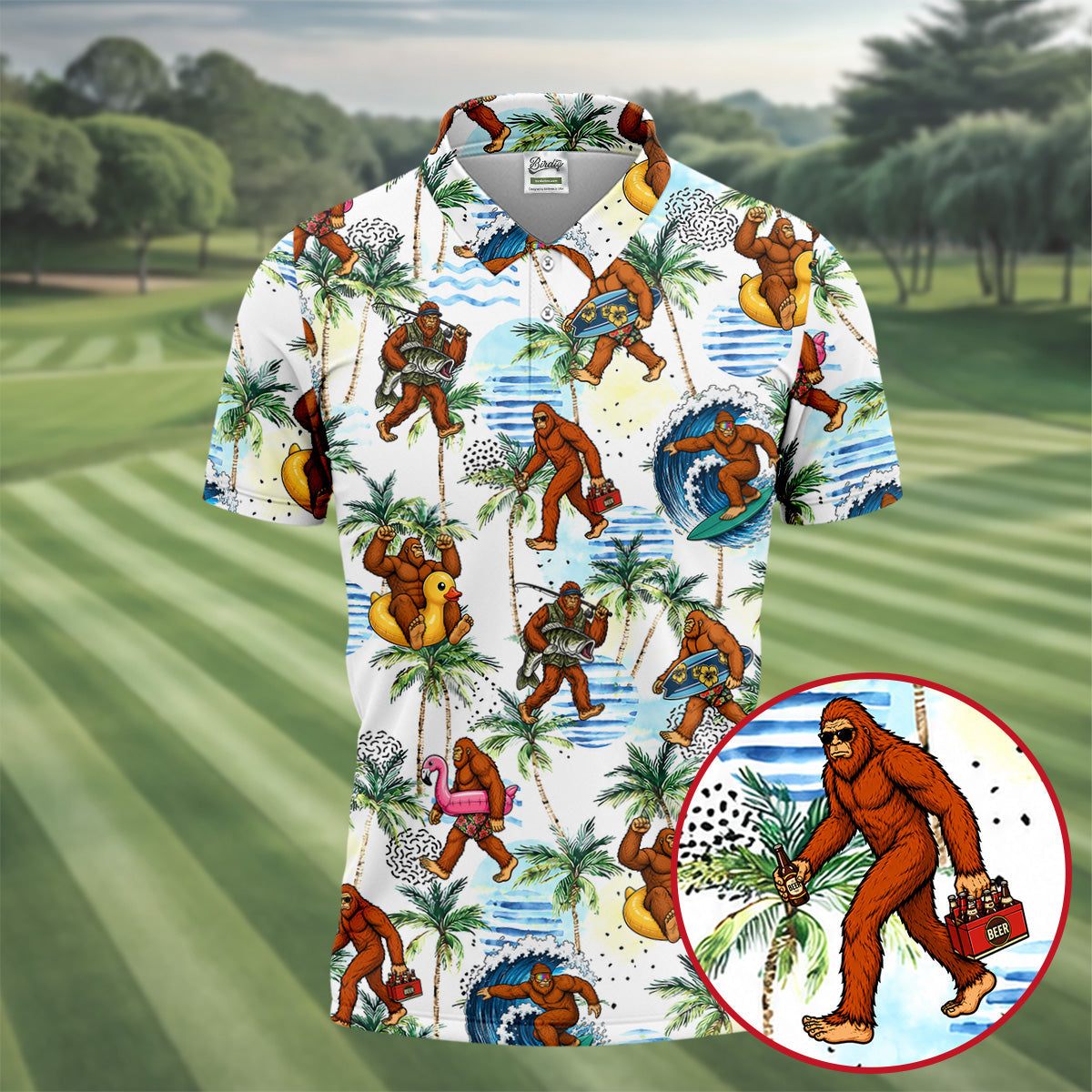 Tropical Bigfoot Surfing Fishing Beach Golf Shirt, Hawaiian Golf Shirt, Golf Apparel For Men, Mens Golf Shirts