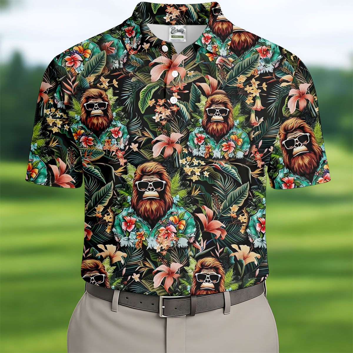 Bigfoot Hawaiian Tropical Golf Shirt, Funny Sasquatch Golf Shirts For Men