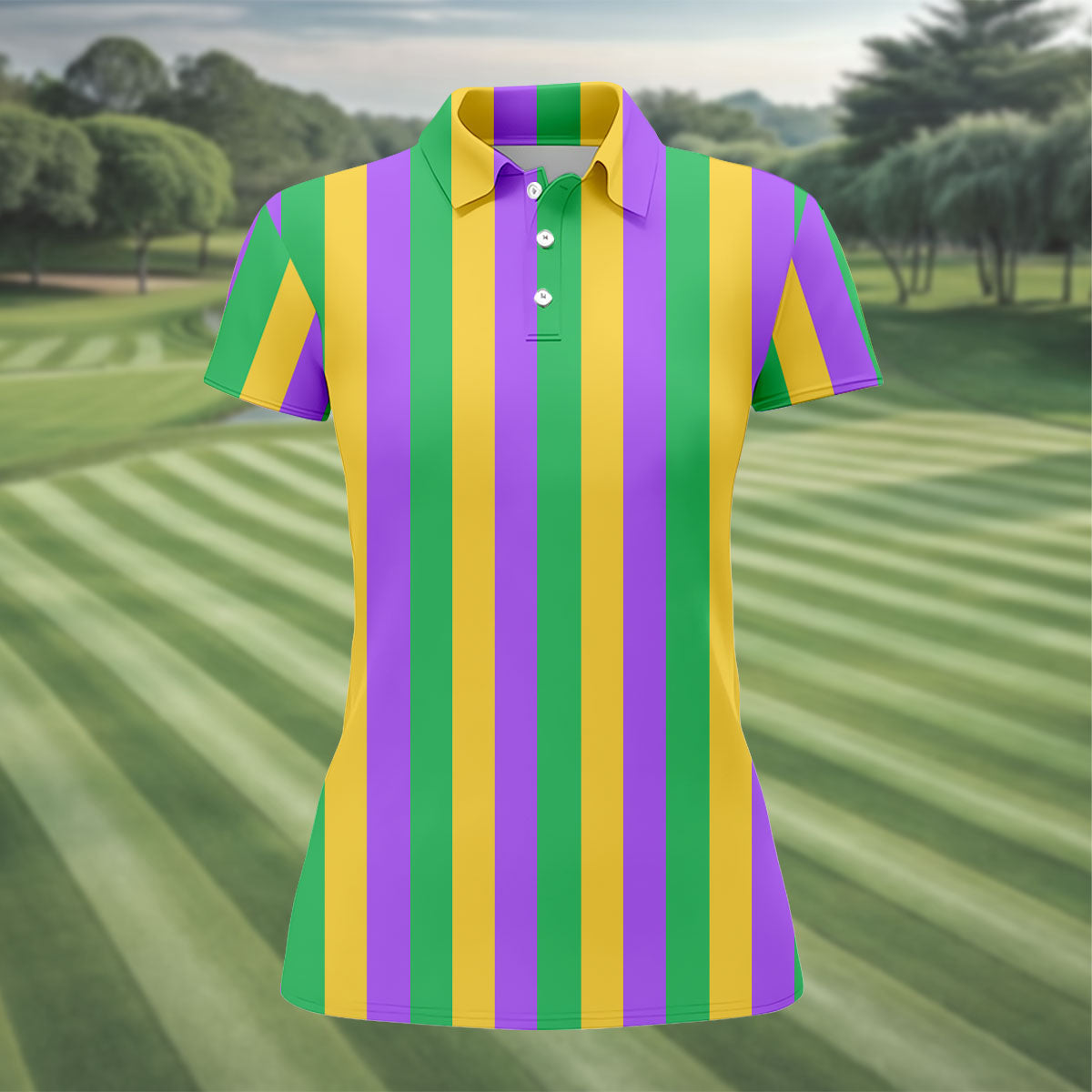 Green Gold Purple Vertical Stripe Mardi Gras Golf Shirt, Women's Golf Shirts, Ladies Golf Polos