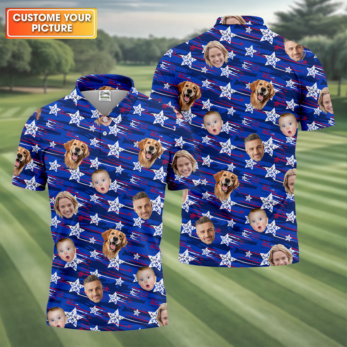 Independence Day Custom Shirts With Faces, Patriotic Golf Shirt, Men's Golf Polo ShirtUSA Golf Shirt