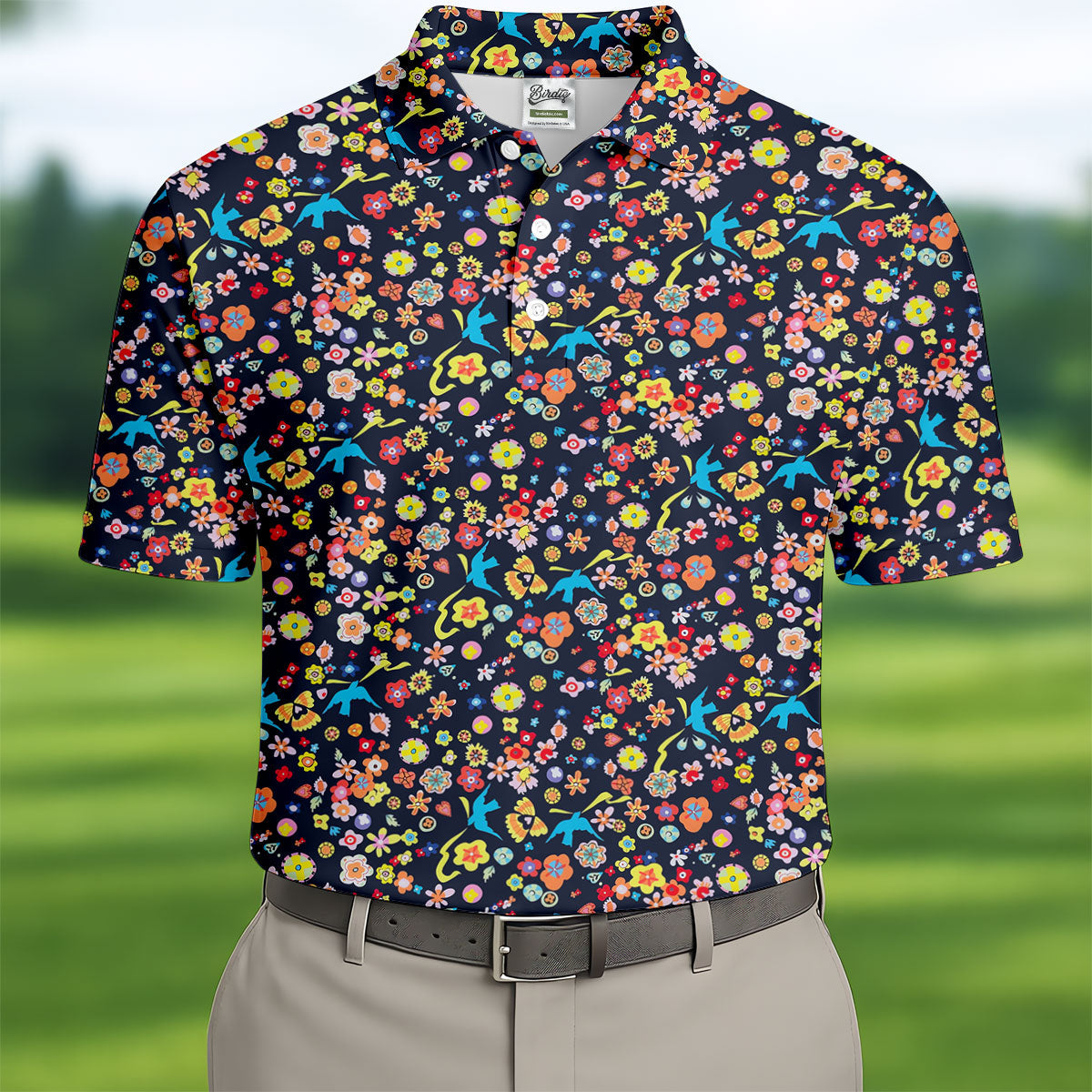 Colorful Floral Bird Garden Golf Shirt, Mens Golf Polo, Printed Golf Shirts