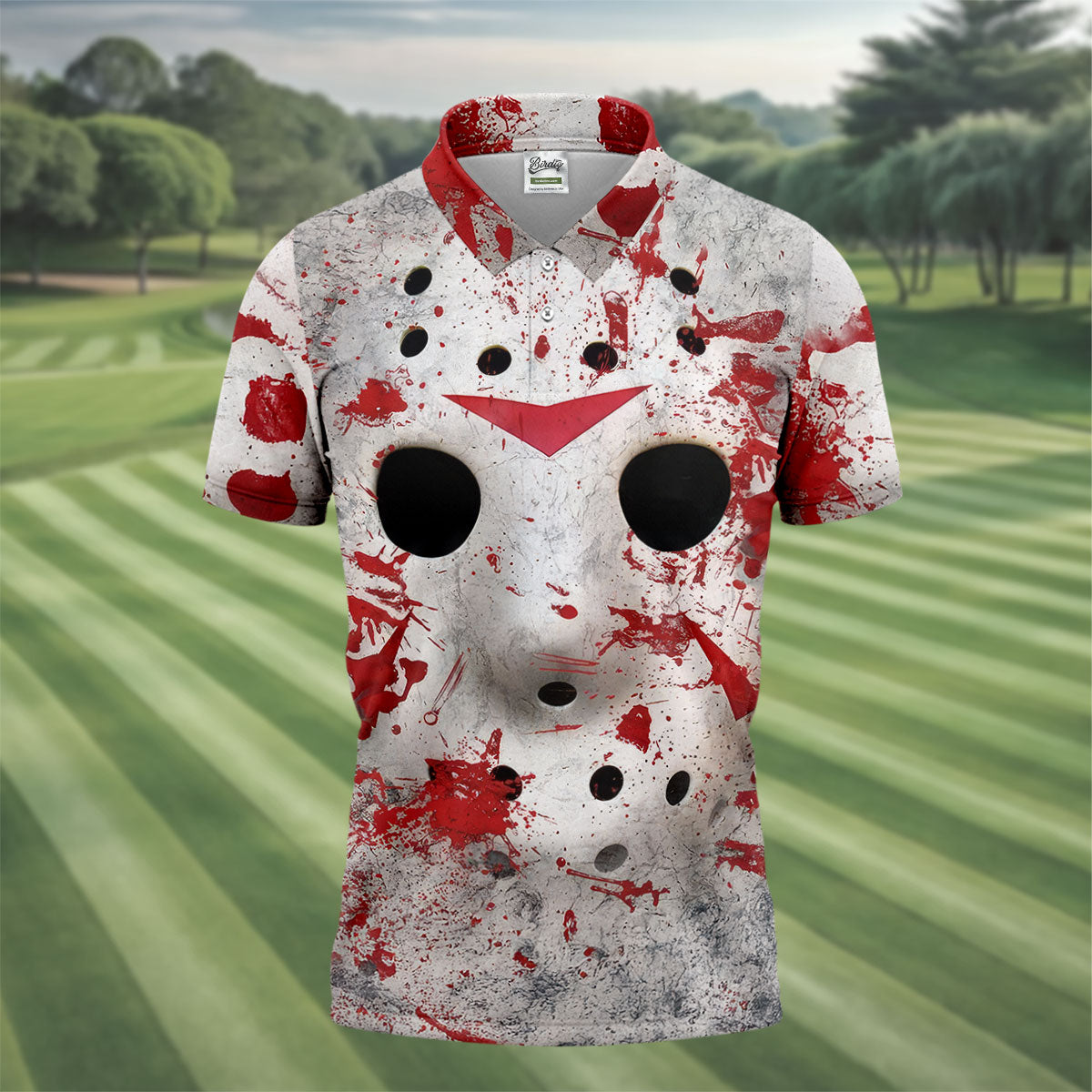 Creepy Mask Face Golf Tops For Men, Horror Character Cosplay Polo Shirtor Men, Halloween Golf Shirt