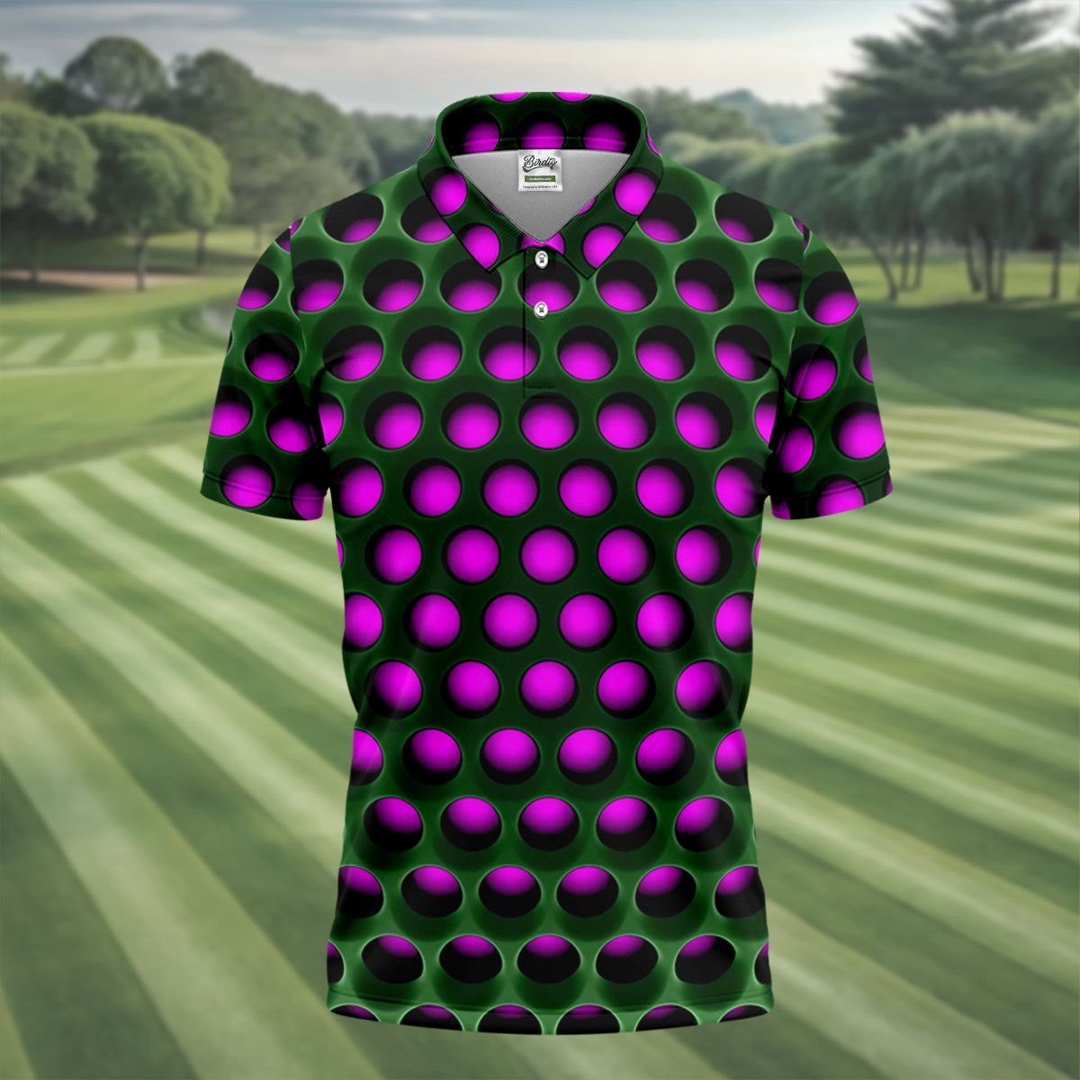 3D Effect Circular Pattern Purple Golf Shirt, Cool Golf Outfit, Men's Funny Golf Shirts, Polo Shirt Men
